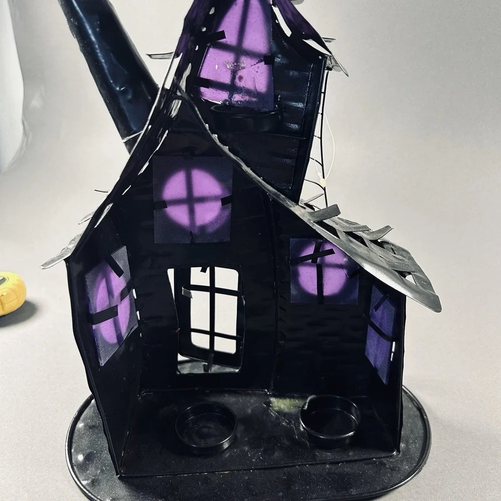 Halloween Haunted House Metal Tealight Candle Holder Purple Windows 13